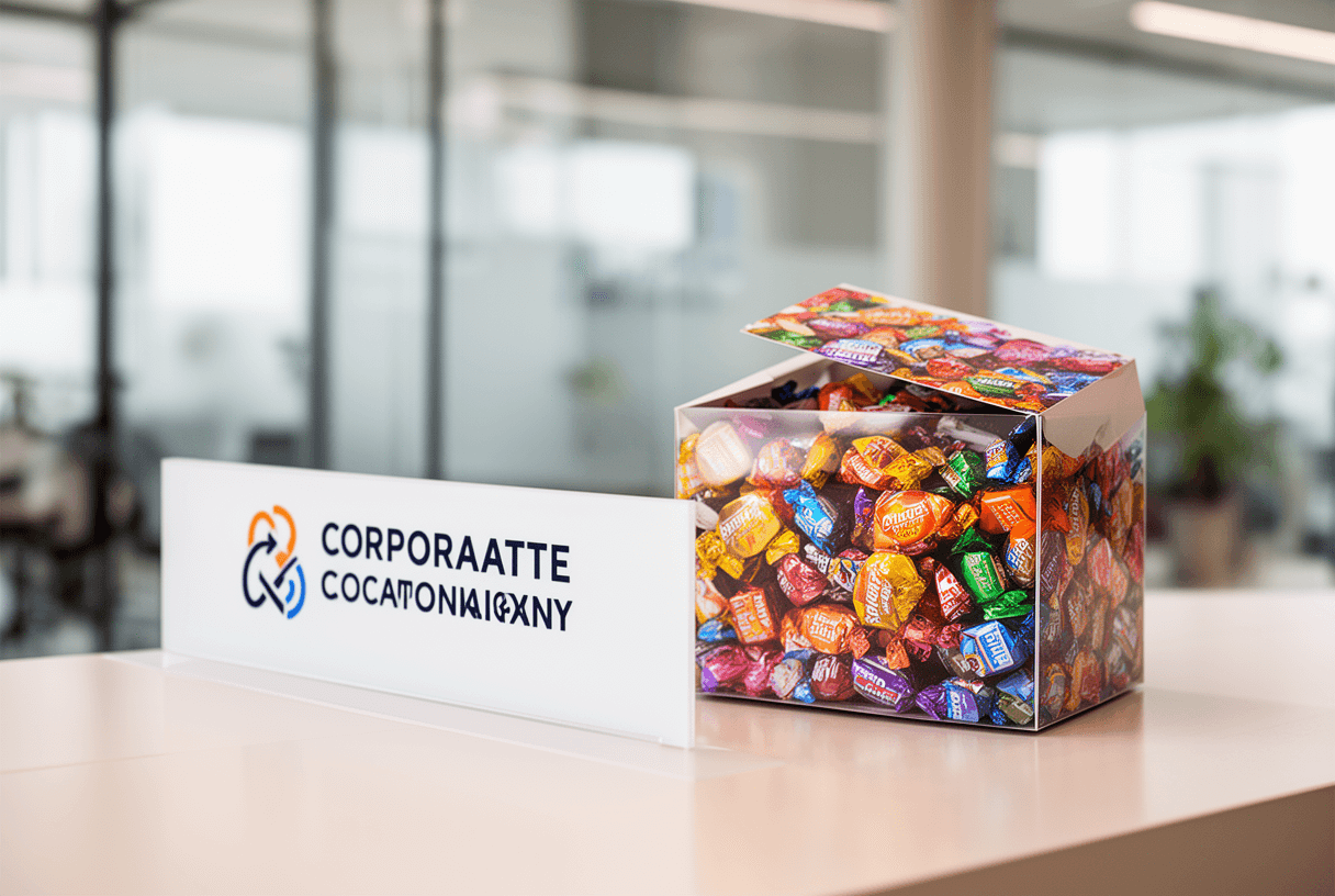boîte de bonbons publicitaire personnalisée sur comptoir d’accueil