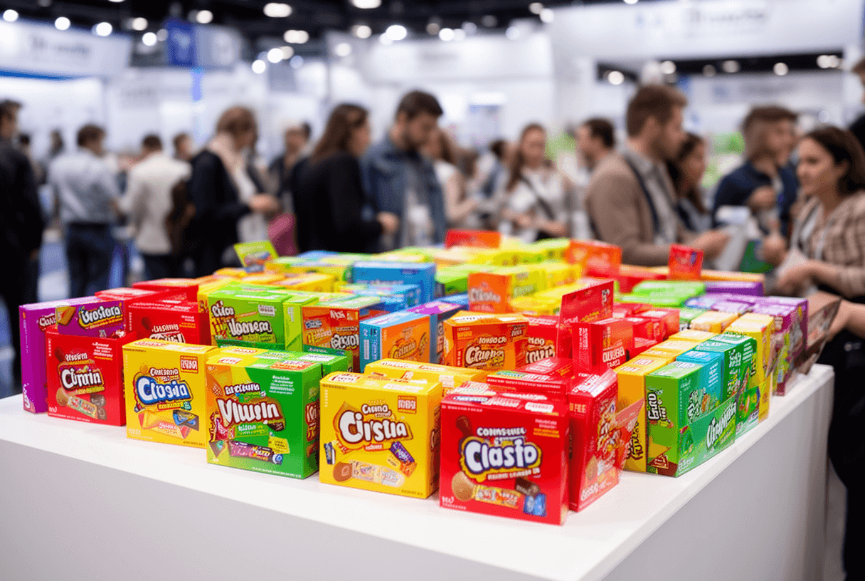 boîtes de bonbons publicitaires exposées sur un stand salon